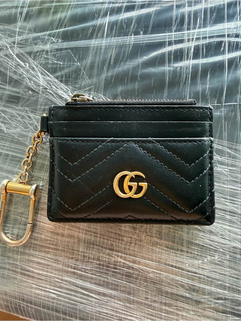 Gucci Black Quilted GG Leather Card Case with Gold Key Chain